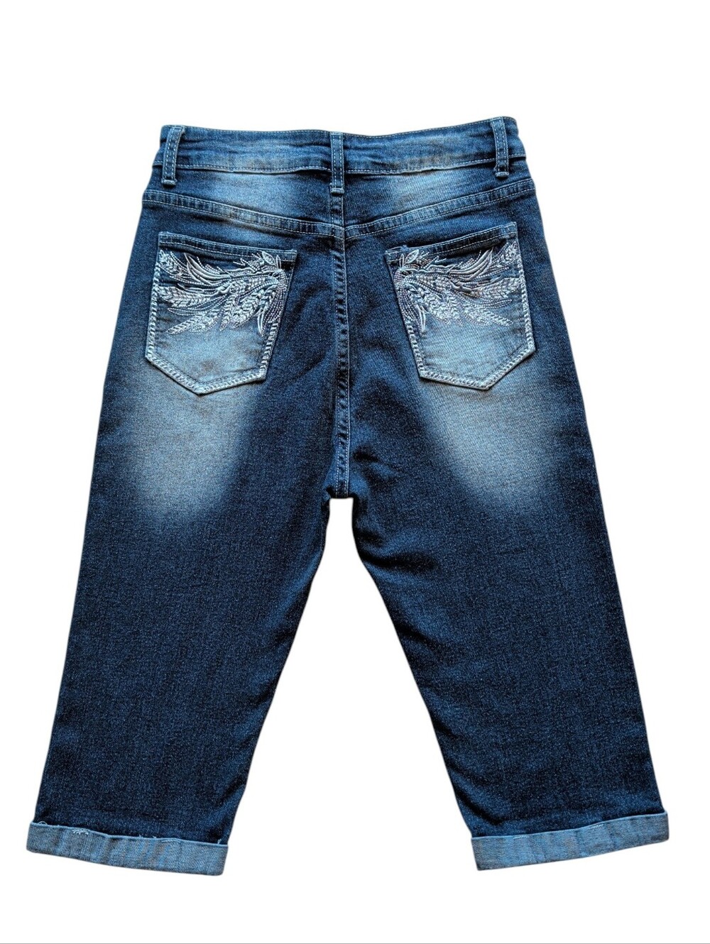 Y2K High Waisted Embroidered Wing Pocket Pedal Pushers Jorts SMALL Blue